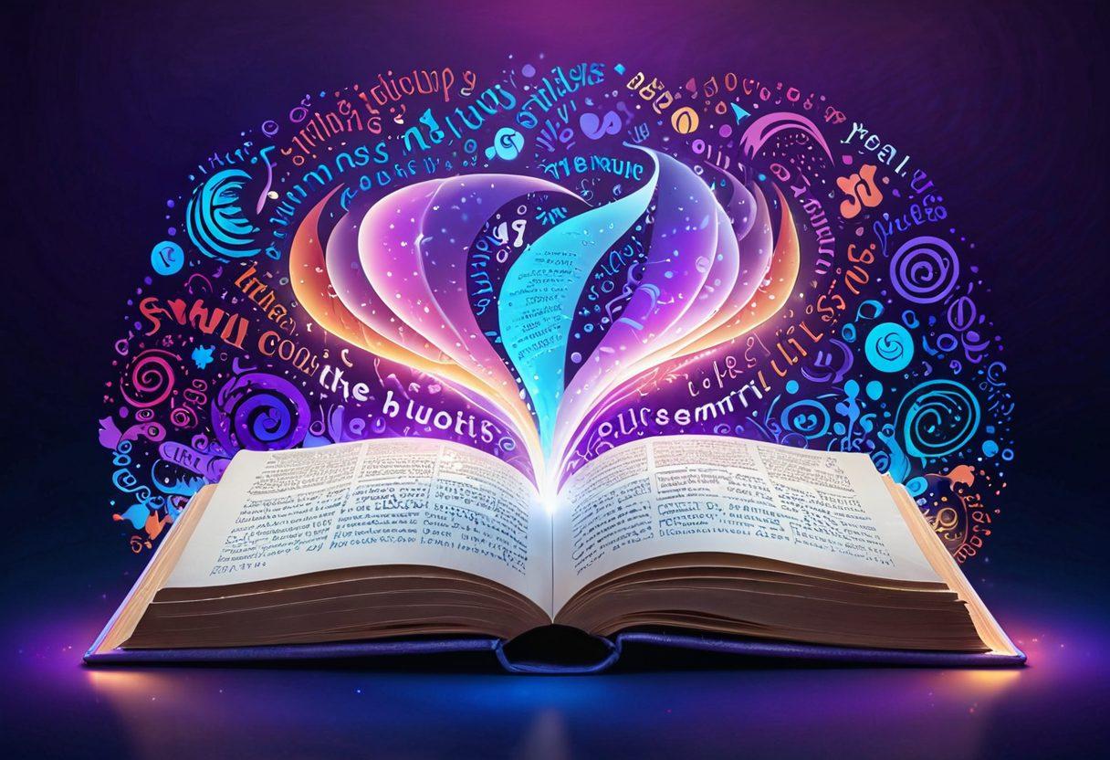 An artful illustration of a floating, glowing thesaurus book surrounded by swirling, interconnected words and synonyms in various vibrant colors, with an ethereal light source emanating from the book. The background is a dreamy blend of soft blues, purples, and whites, creating a magical, inspiring atmosphere. vector art. vibrant colors. ethereal. dreamy background.