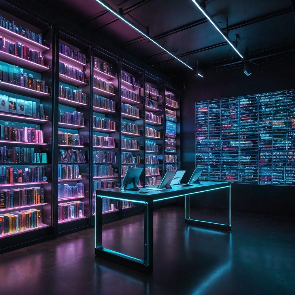 A vibrant scene of a futuristic digital library filled with floating books and holographic word puzzles, where users interact with advanced AI-powered word finders on sleek, transparent screens. The environment exudes a sense of learning, technological innovation, and linguistic mastery. cyberpunk. vibrant colors. digital art.